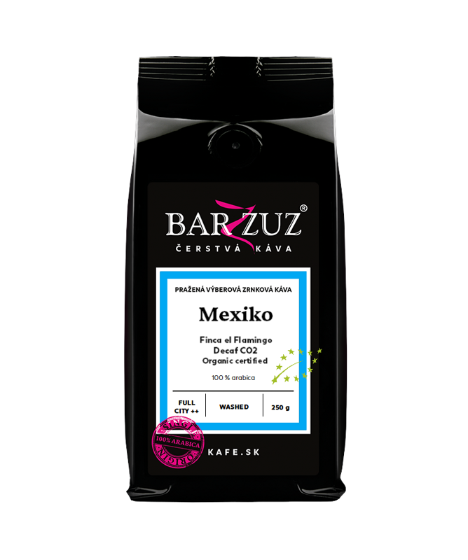 Mexiko, pražená zrnková bezkofeínová káva - Decaf CO2, Finca el Flamingo, BIO, praná, 250 g Mexiko, pražená zrnková bezkofeínová káva - Decaf CO2, Finca el Flamingo, BIO, praná, 250 g
